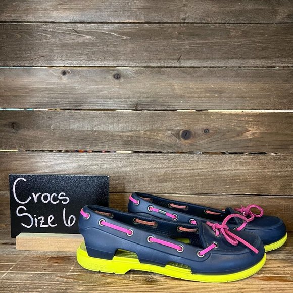 Womens Crocs Beachline Navy Blue Neon Cutout Comfort Boat Shoes Loafers Size 6 M - Picture 1 of 6
